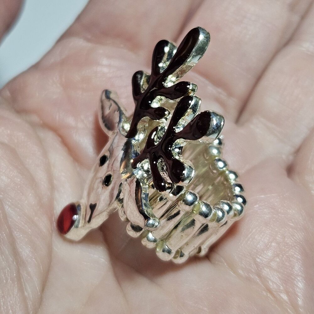 Silver Tone Brown Red Enamel Black Rhinestone Rudolph Stretch Ring - Picture 4 of 14
